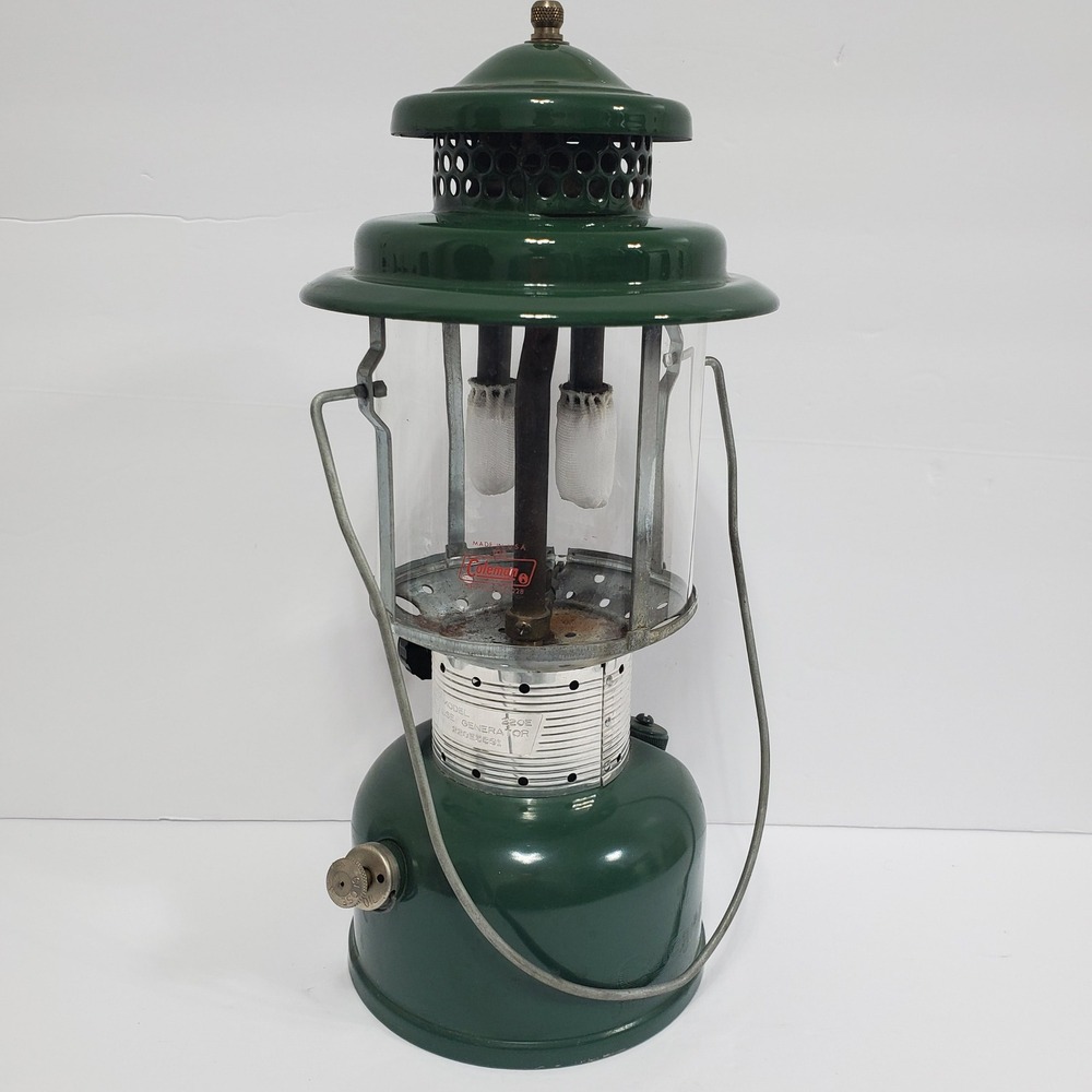 Vintage Coleman 220E Dual Mantle Lantern Green Steel Fount Camping Outdoor Light